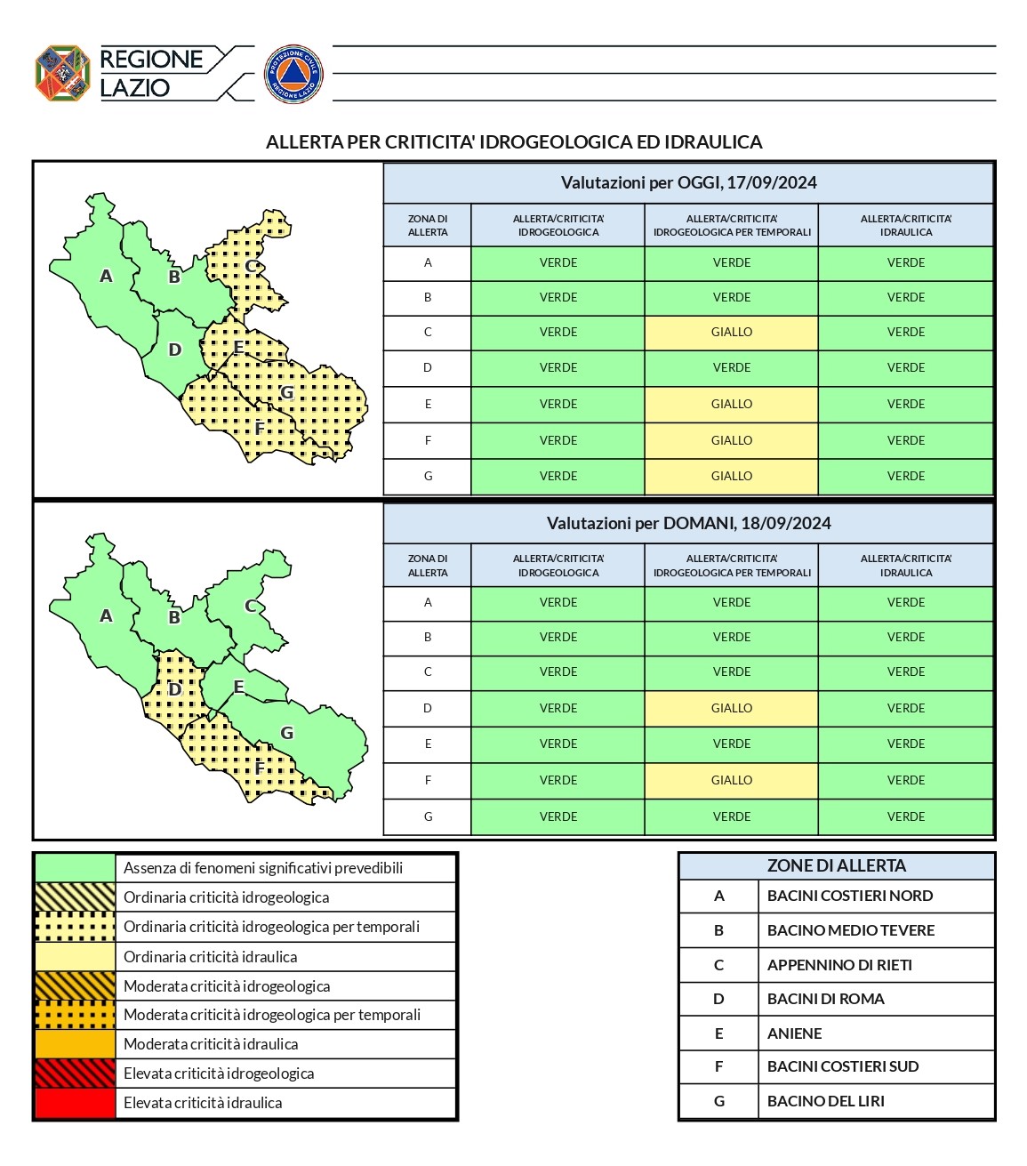 Allerta meteo (gialla) dal pomeriggio del 17 settembre per le successive 6 ore e dal mattino di mercoledì 18 settembre per le successive 9-12 ore