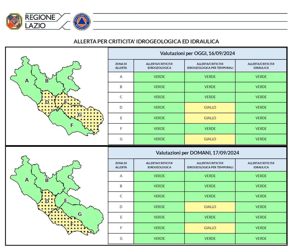 Allerta meteo (gialla) dal tardo pomeriggio del 16 settembre e per le successive 12-18 ore