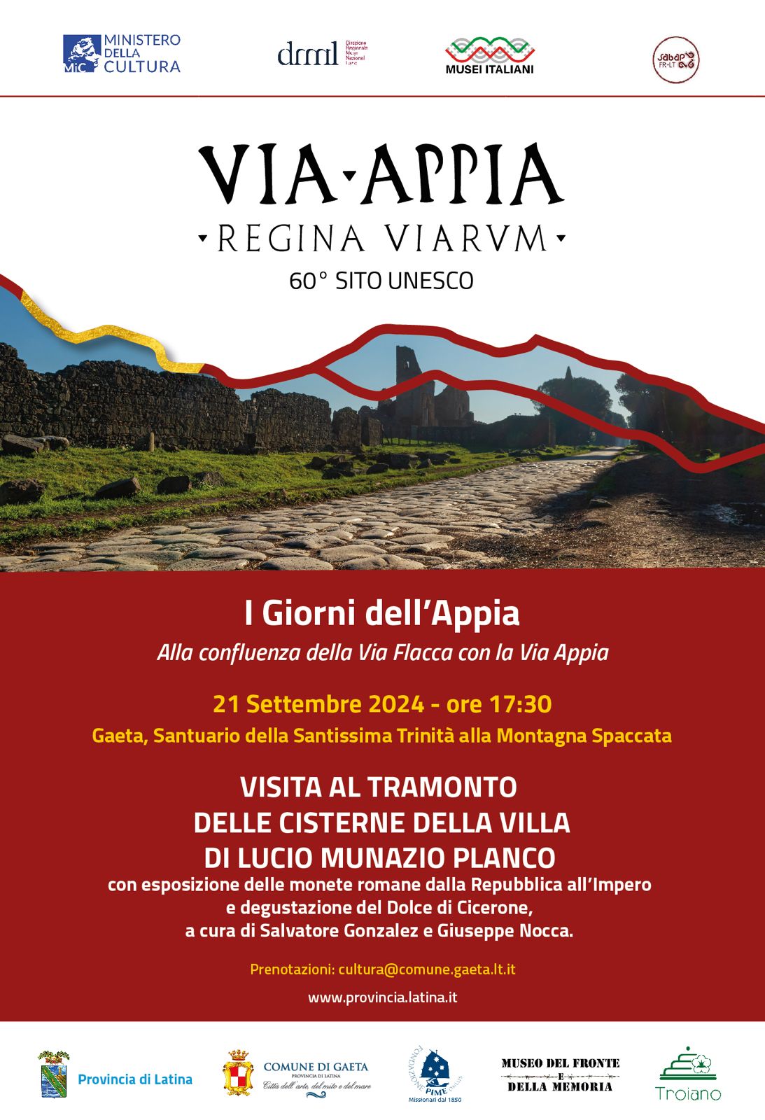 Gaeta, “I giorni dell’Appia”: sabato 21 settembre visita al tramonto alle Cisterne della villa di Lucio Munazio Planco